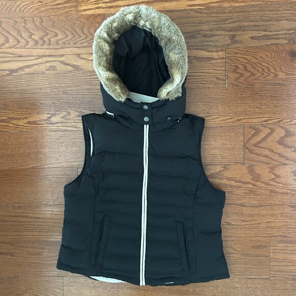 Ann Taylor Loft Black Quilted Down Puffer Vest Size Large Fleece Lined Fur Hood - Picture 13 of 13